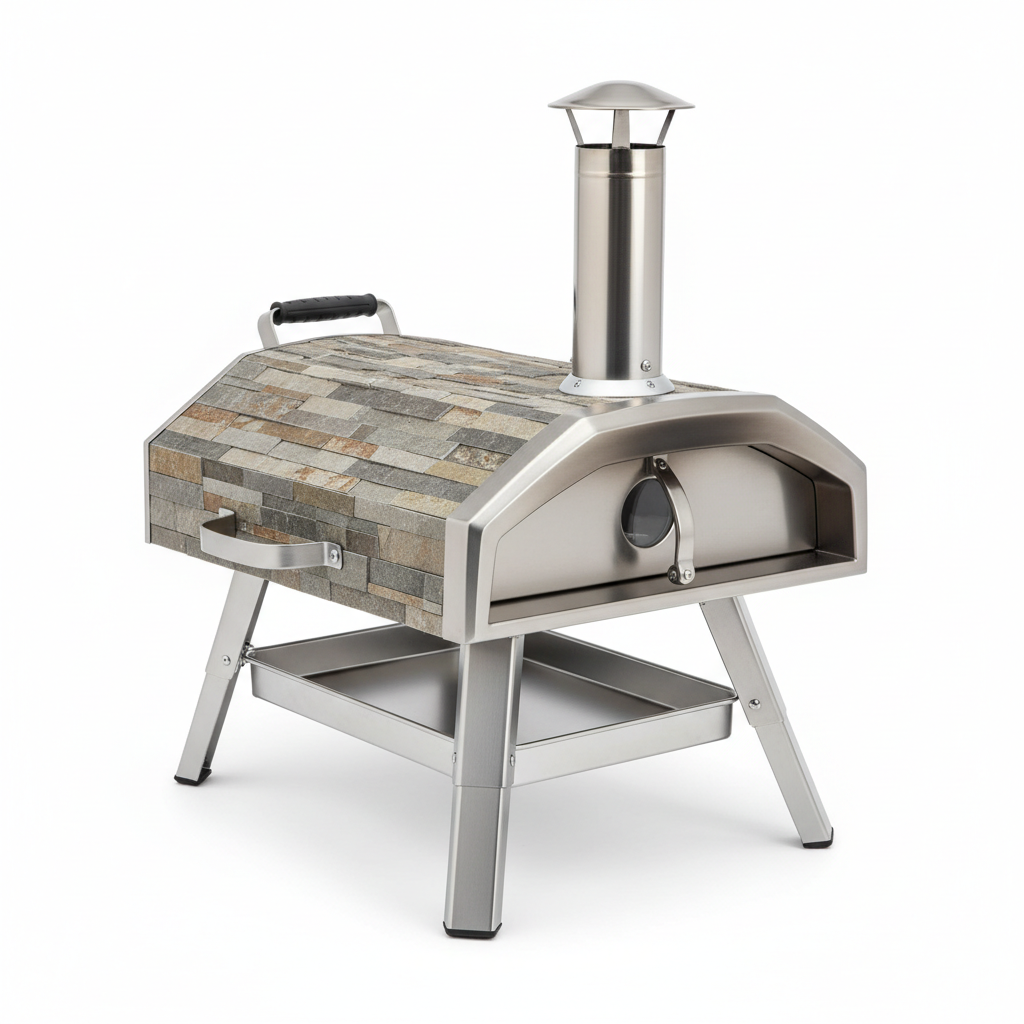 Outdoor wood-fired pizza oven on white background