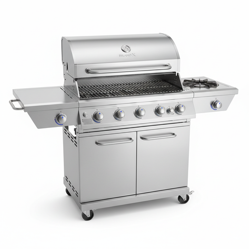 Stainless steel gas outdoor grill with multiple burners on white background
