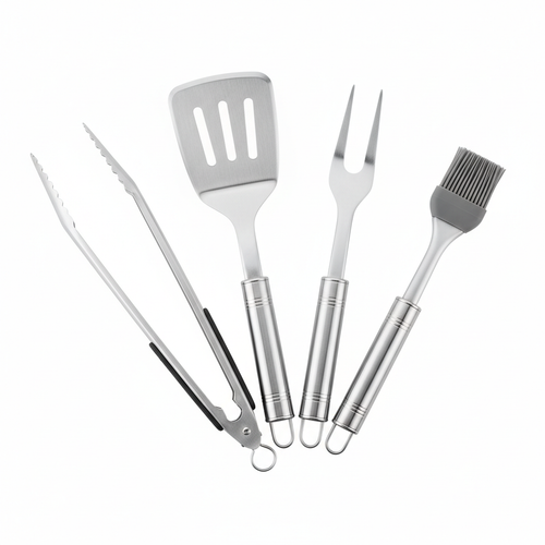 Stainless steel outdoor BBQ cooking utensil set on white background